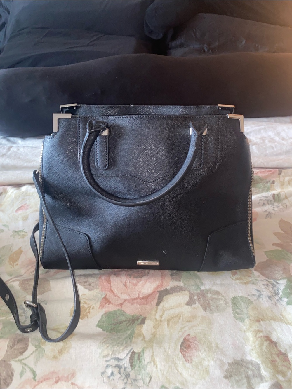 Black Structured Leather Satchel Handbag Rebecca mink off